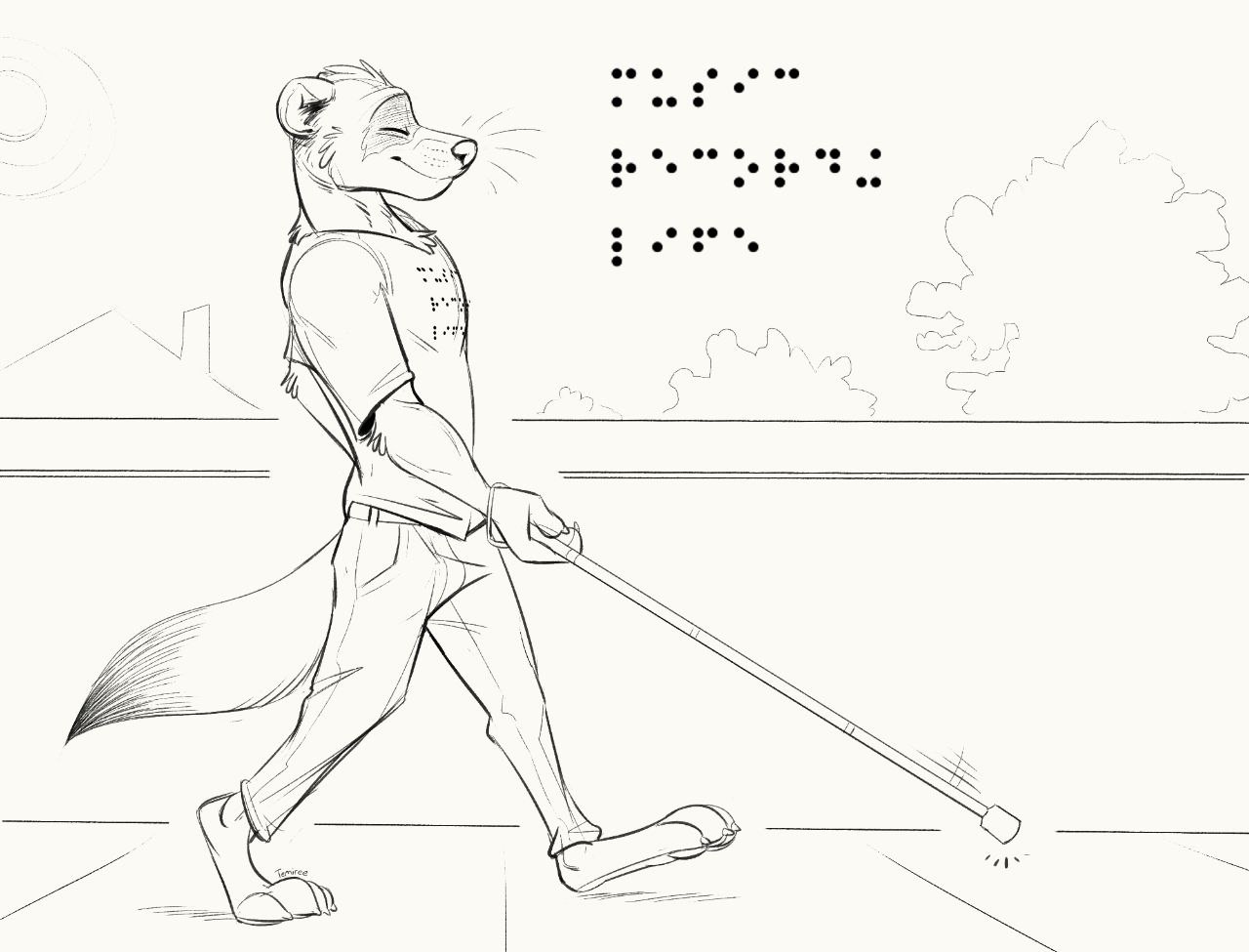 Alcheon, a blind ferret about 5'4", is walking down a suburban street with a marshmallow cane tip using the two-point touch method. His shirt says "music recording life" in braille. He looks pretty satisfied.